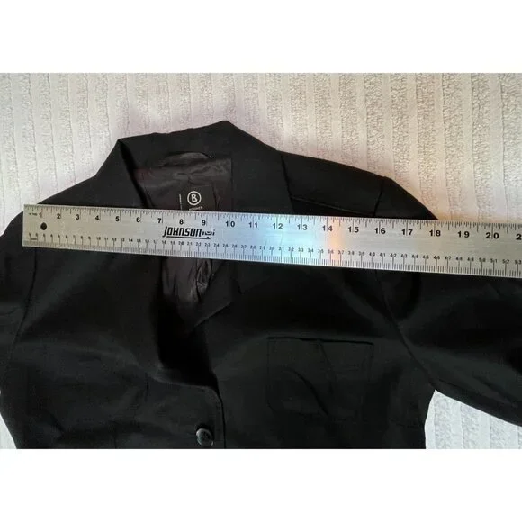 Bogner Women's Size 10 Virgin Wool Four-Button Blazer Elbow Patch Black Lined